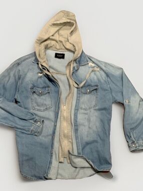 RISEN Men's Med Hooded Distressed Denim Jacket Hooded Liner Gray Vintage SKU052